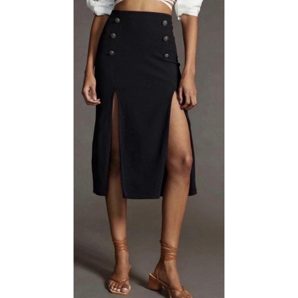 Maeve Anthropologie Black Textured Midi Skirt Anchor Buttons Double Slit Size 6